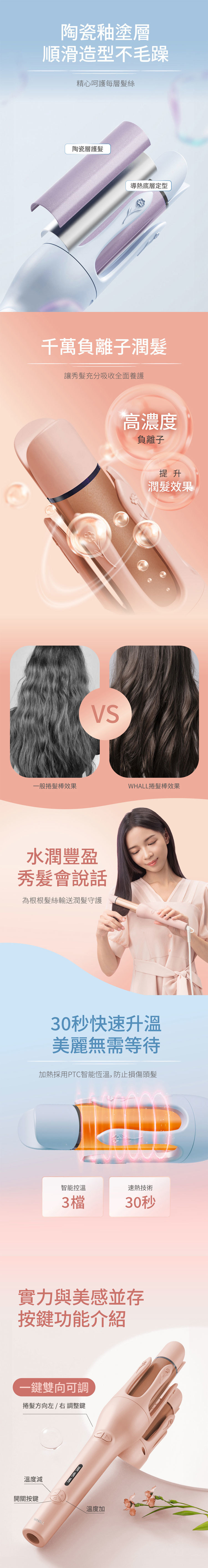 WHALL WS-201BL 負離子 自動兩用捲髮棒 粉藍色