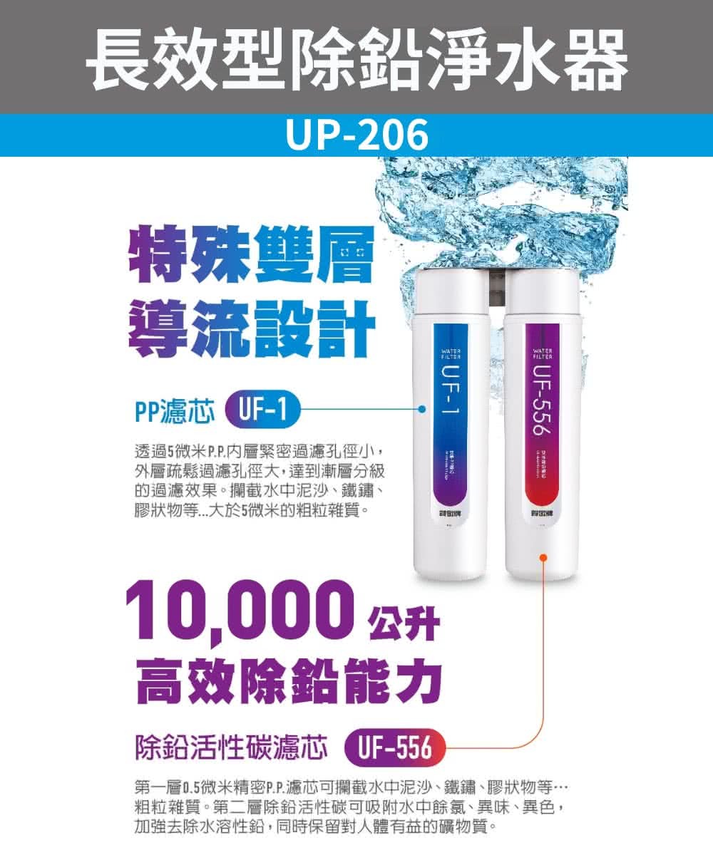 賀眾牌 UP-206 長效型除鉛淨水器 特殊雙層導流設計 LF無鉛不鏽鋼出水龍頭 除鉛免插電