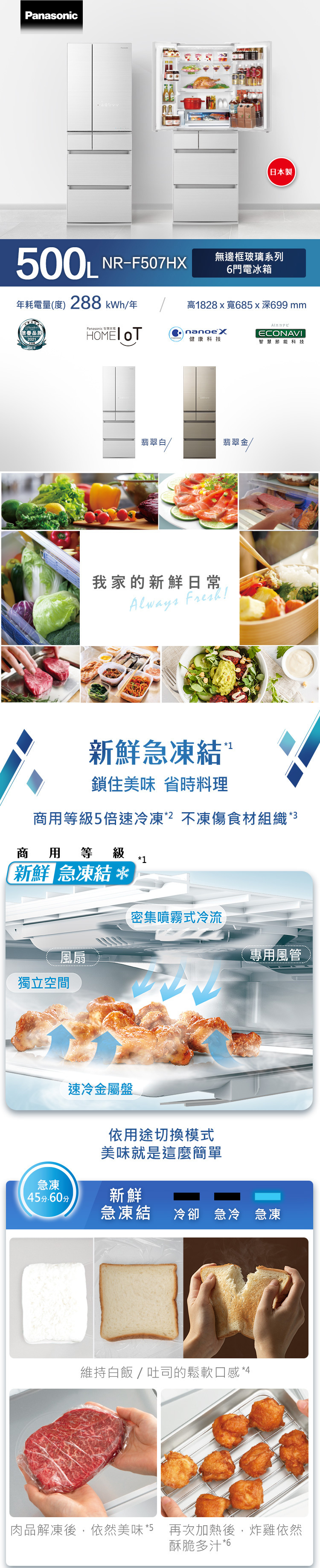 國際 NR-F507HX 六門電冰箱 500L 無邊框玻璃 翡翠金 日製 限配送台南 限量一台
