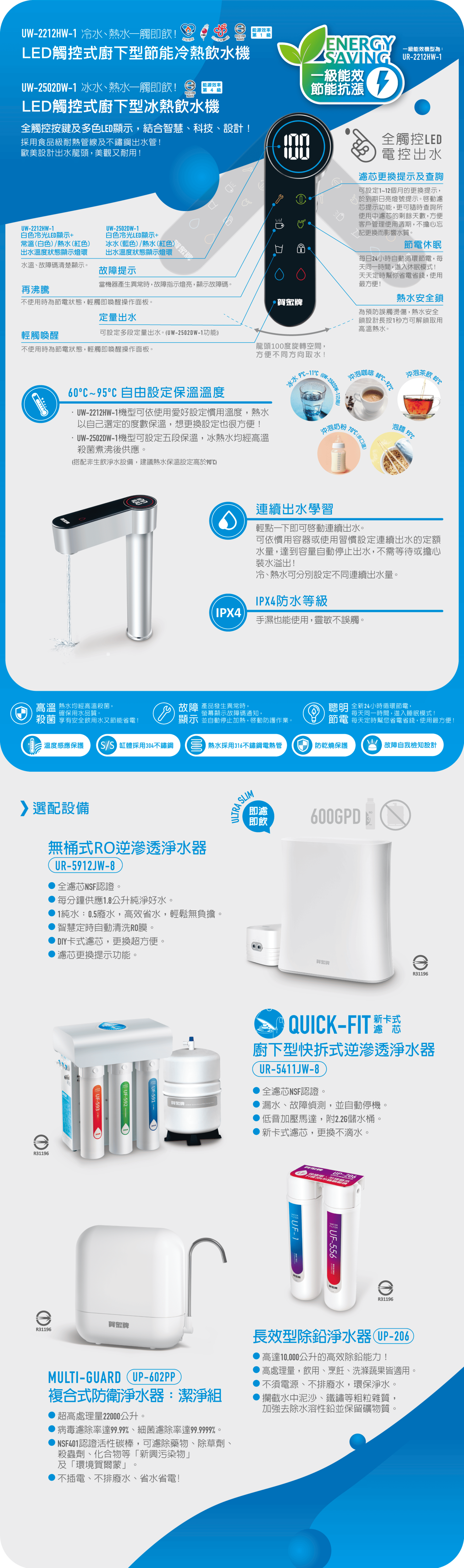 賀眾牌 UW-2502DW-1 廚下型冰熱飲水機 全觸控LED電控出水 冰水熱水一觸即飲 含基本安裝