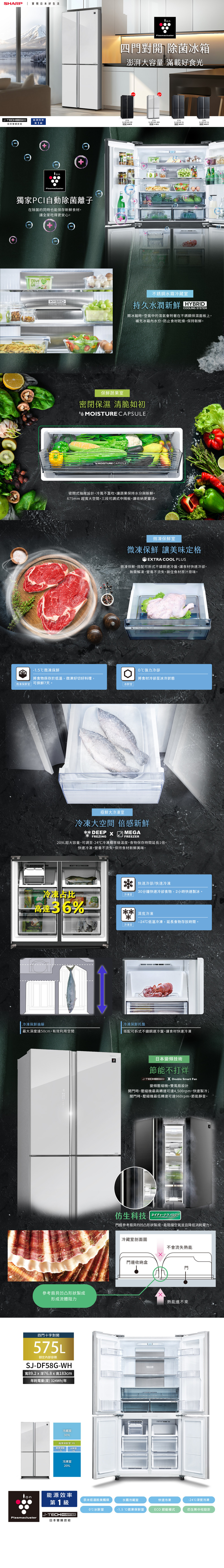 夏普 SJ-DF58G-WH 變頻冰箱 575L 四門 玻璃 十字對開 PCI自動除菌離子 水漾白