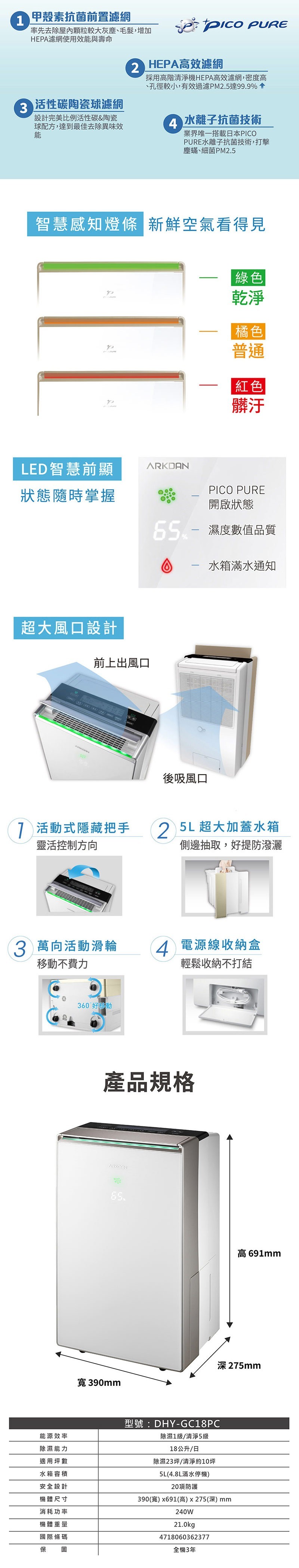 聲寶 ARKDA DHY-GC18PC 清淨除濕機 18L/日 適用10坪 HEPA高效濾網 台灣製