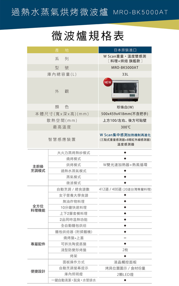 日立 MROBK5000AT 過熱水蒸氣烘烤微波爐 33L 白色