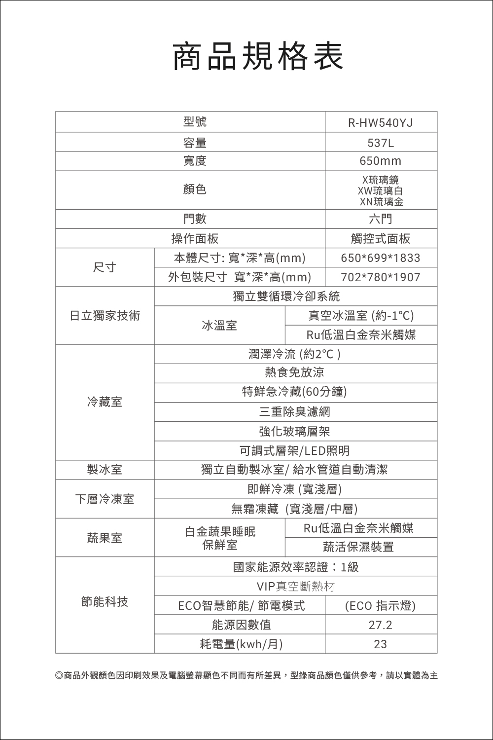 日立 RHW540YJX 537公升 變頻 六門冰箱 全室熱食免放涼 真空睡眠冰溫室 日本製 琉璃鏡