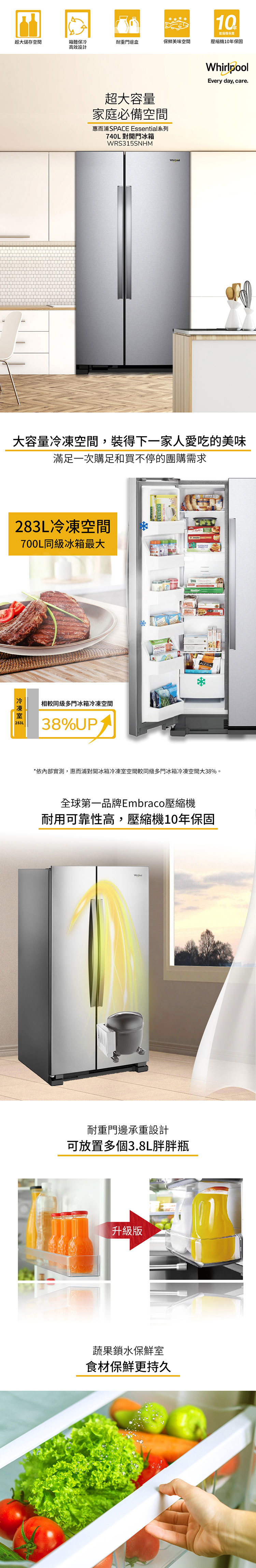 惠而浦 WRS315SNHM 冰箱 740L 對開門 前方底部散熱 墨西哥製