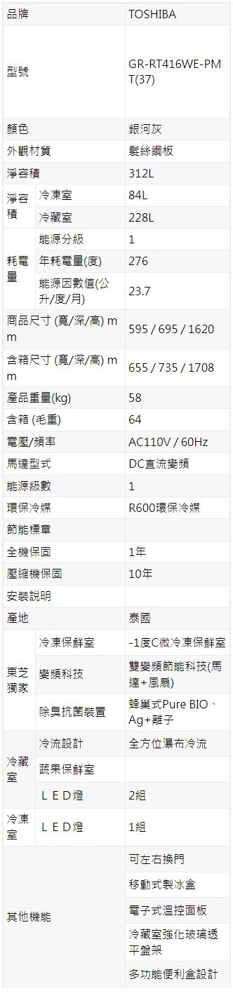 東芝 GR-RT416WE-PMT 312L 變頻 兩門冰箱 -1度微冷凍保鮮室 抗菌除臭 保濕控制