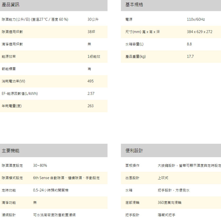 惠而浦 WDEE30TW 除濕機 30L/日 高效除濕型 第六感智能 一級省電