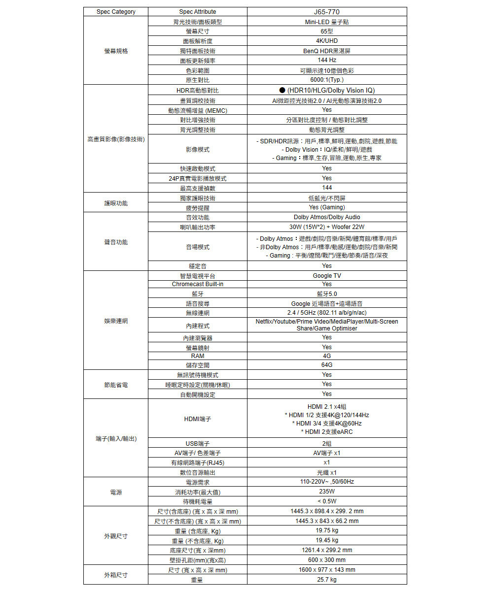 BenQ J65-770 65型 MiniLED 量子點遊戲Google TV AI演算技術2.0