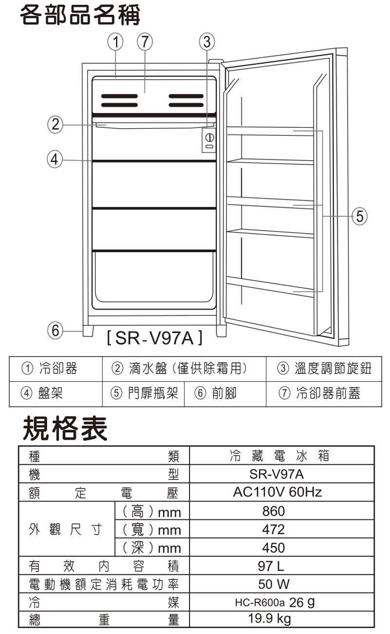 SANLUX 台灣三洋 SR-V97A 97L 一級能效 變頻 直冷式 單門電冰箱 套房小坪數適用