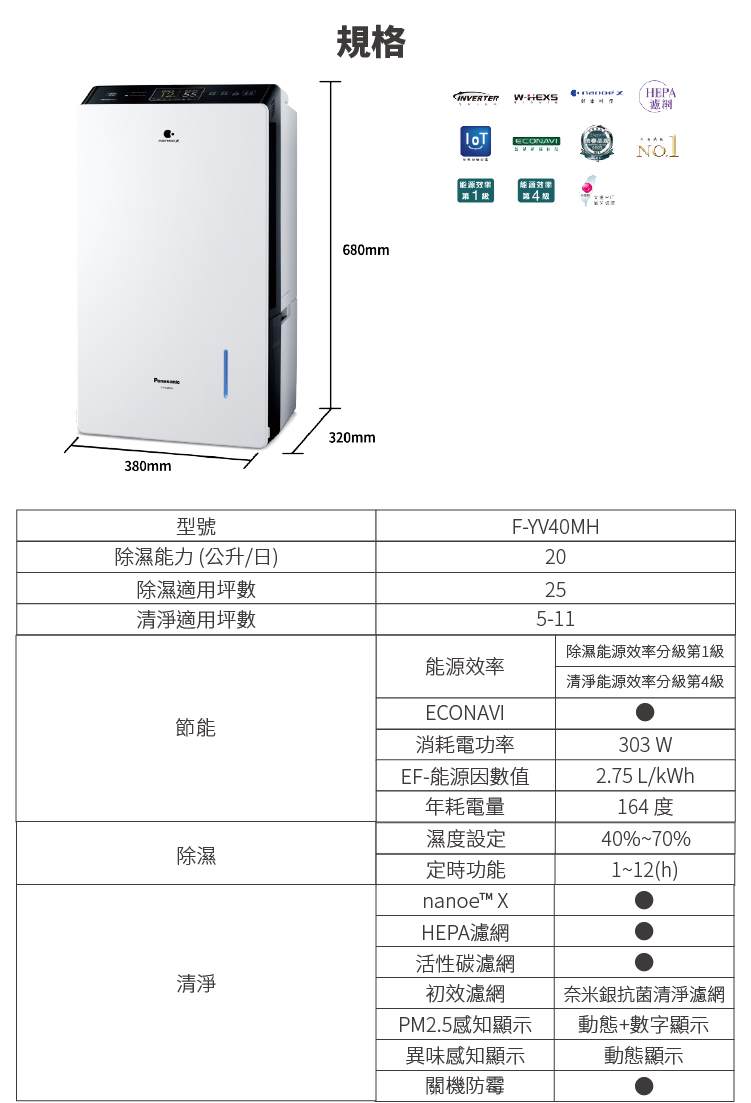 國際 F-YV40MH 除濕機 20公升/日 變頻清淨型 nanoe™ X健康科技 一級能效