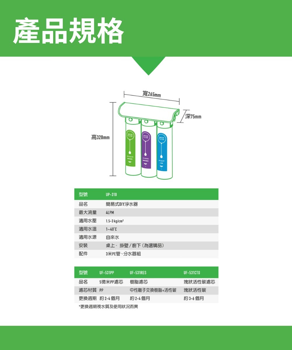 賀眾牌 UP-310 簡易式DIY淨水器 三道淨化軟水濾芯 免鑽孔 卡式濾芯設計