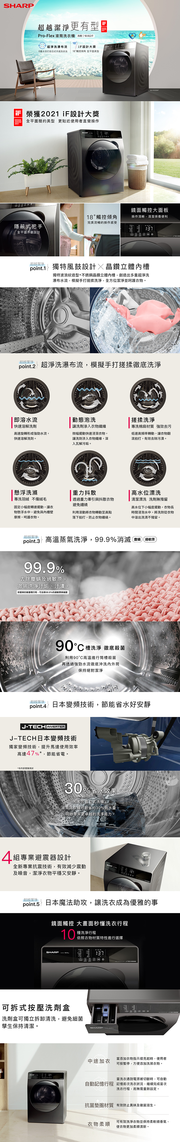 夏普 ES-FKS125WT 滾筒洗衣機 洗脫 12.5kg 鏡面觸控大面板 高溫蒸氣洗淨