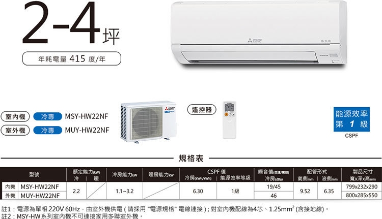 三菱電機 MUY-HW22NF 2-3坪適用 HW標準系列 變頻 冷氣 MSY-HW22NF