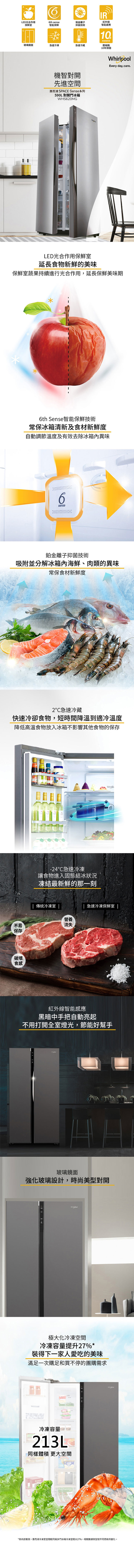 惠而浦 WHS620MG 對開門冰箱 590公升 變頻冰箱 台灣製 星光銀玻璃 壓縮機10年保固
