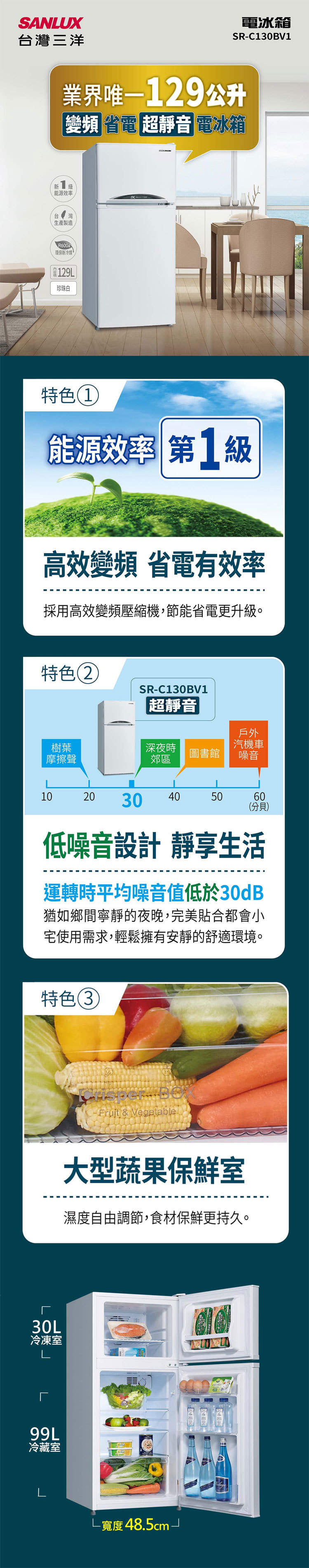 SANLUX 台灣三洋 SR-C130BV1 變頻雙門電冰箱 129L 一級省電