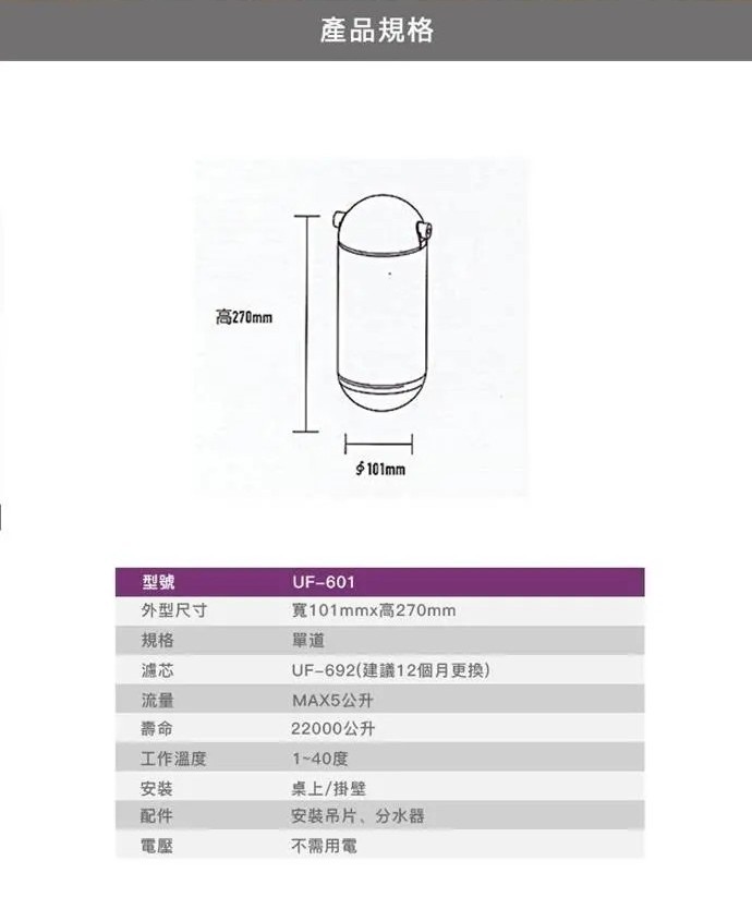 賀眾牌 UF-601 MULTI-GUARD複合式防衛淨水器 長效型 單道淨化組 