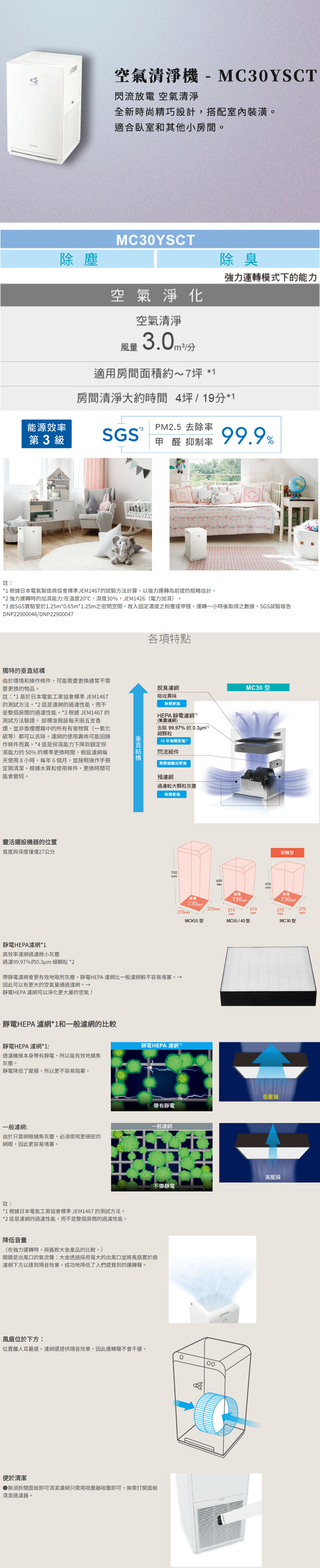 大金 MC30YSCT 空氣清淨機 閃流放電空氣清淨機 靜電HEPA濾網 適用6.5坪內