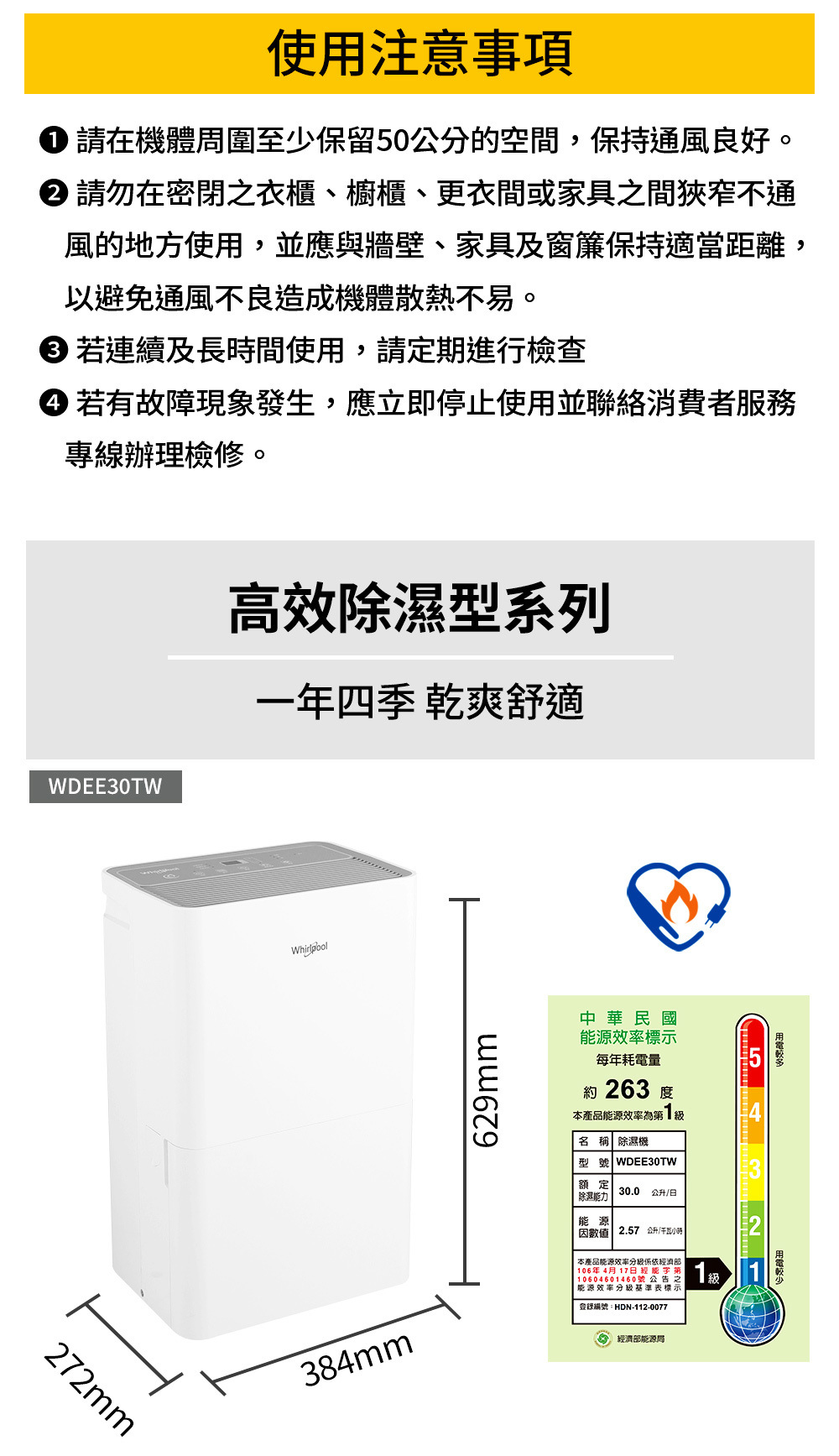惠而浦 WDEE30TW 除濕機 30L/日 高效除濕型 第六感智能 一級省電