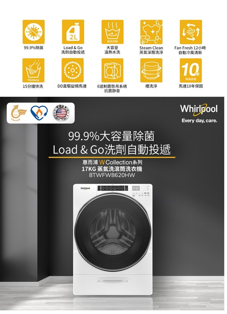 【來電優惠價】惠而浦 8TWFW8620HW 洗衣機 17kg 滾筒 洗脫 蒸氣洗 美製