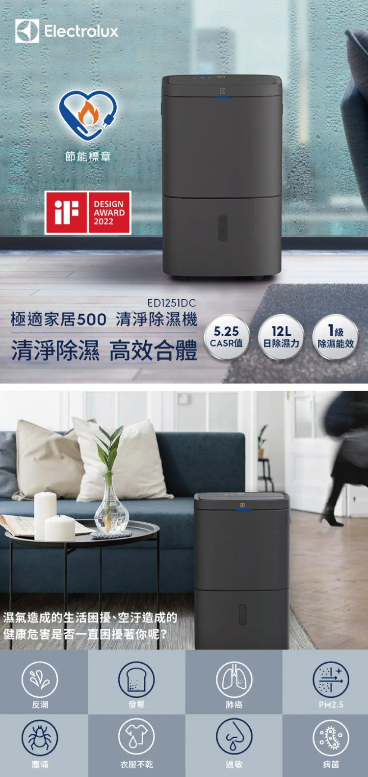 Electrolux 伊萊克斯 ED1251DC 清淨除濕機 12L/日 適用15坪 曜岩灰