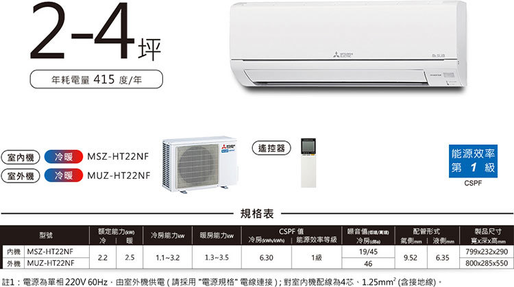 三菱 MUZ-HT22NF 2-4坪適用 HT經典系列 冷暖變頻 冷氣 MSZ-HT22NF