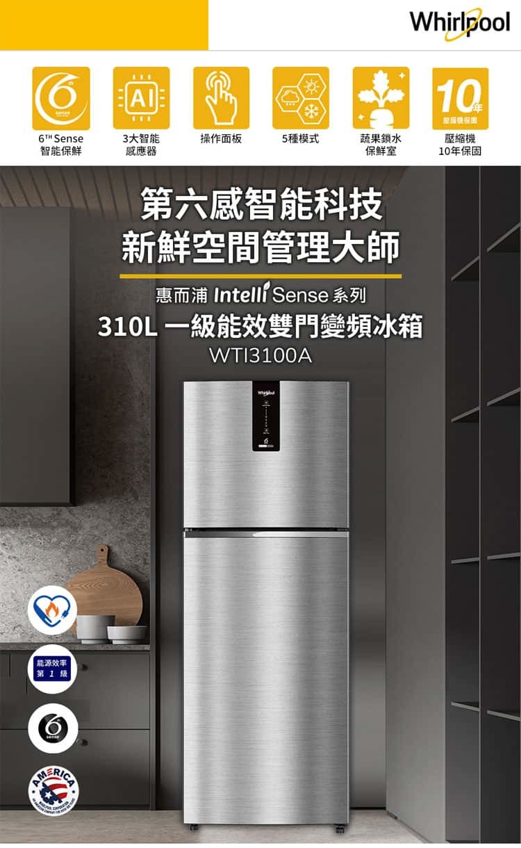 惠而浦 WTI3100A 變頻冰箱 雙門 310L 一級能效 Intelli Sense 太空銀