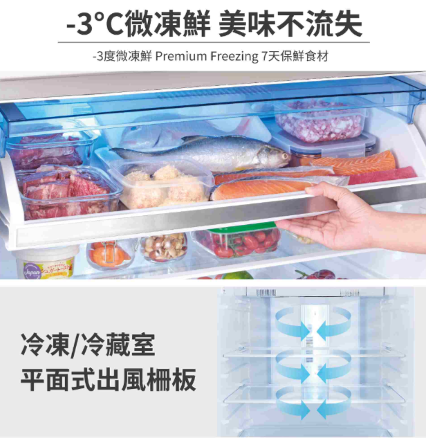 聲寶 SR-C53DV(Y7) 530公升 變頻 三門冰箱 極光鈦抗菌脫臭 -3度微凍鮮 炫彩金