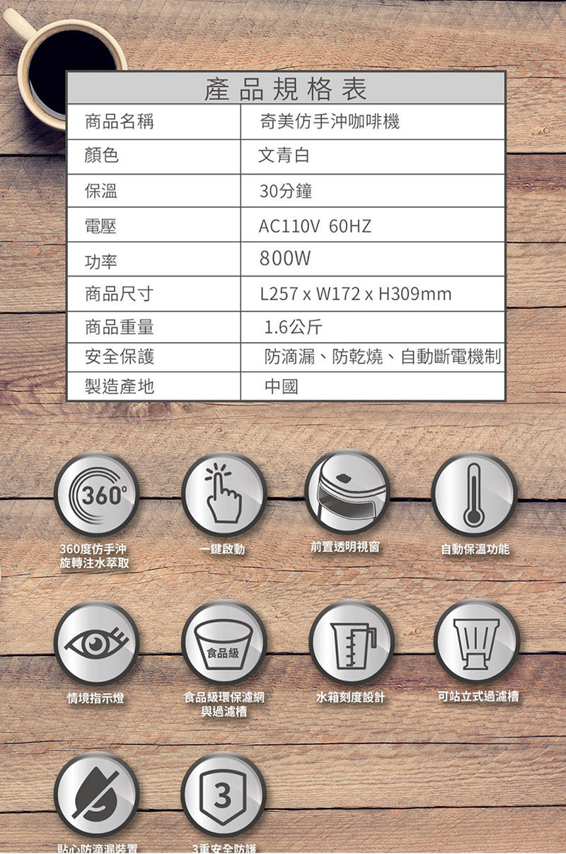 奇美 CG-065A10 美式咖啡機 360度仿手沖旋轉萃取 一鍵啟動 自動保溫功能 可站立式過濾槽