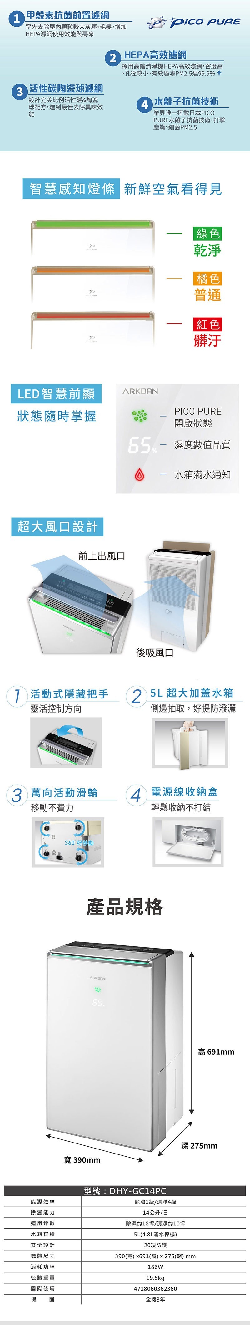聲寶 ARKDAN DHY-GC14PC 清淨除濕機 14L/日 適用10坪 HEPA濾網 台灣製