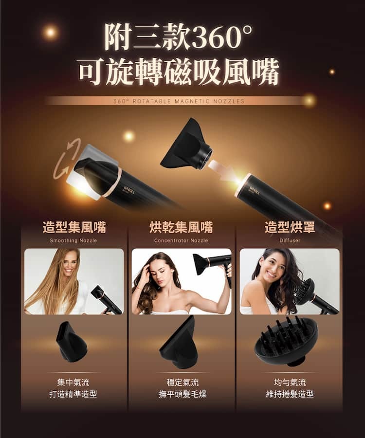 WHALL WD-1000K 專業負離子吹風機 磁吸吹嘴 強勁風力11萬轉渦輪動力