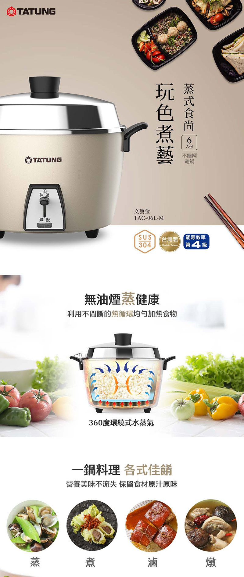 TATUNG 大同 TAC-06L-MCAG 大同電鍋 6人份全不鏽鋼配件電鍋