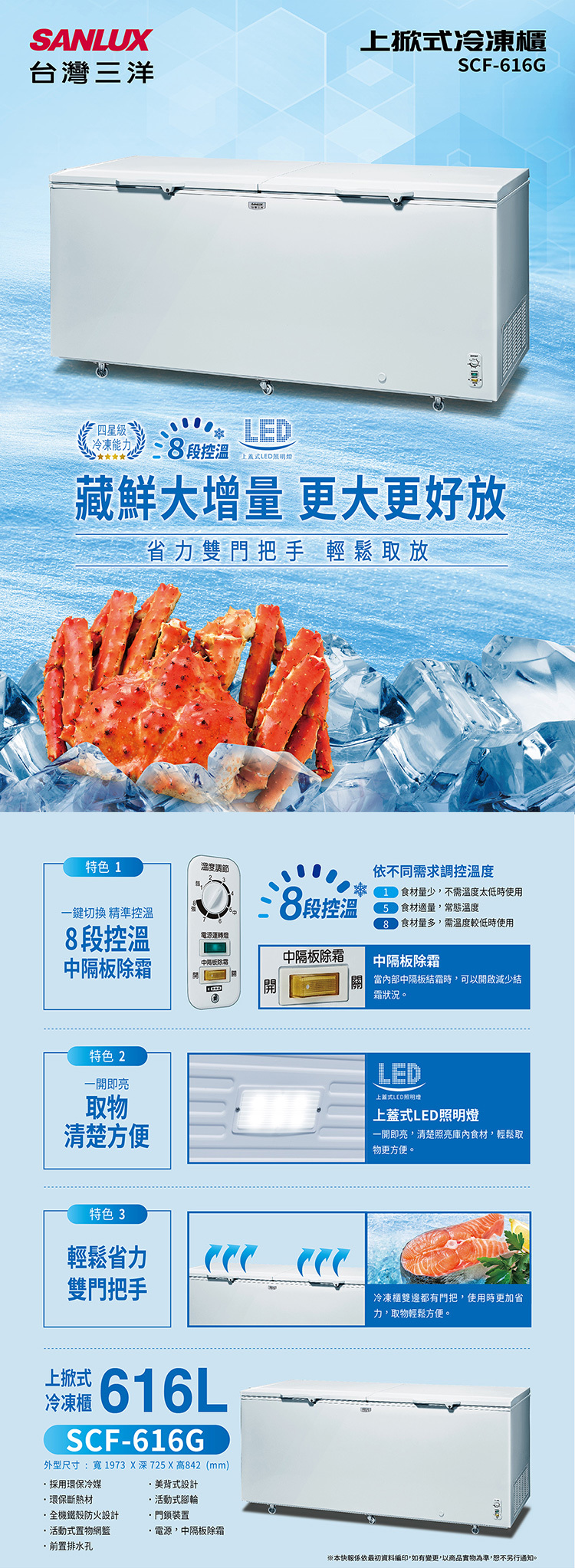 SANLUX 台灣三洋 SCF-616G 616公升 臥式冷凍櫃